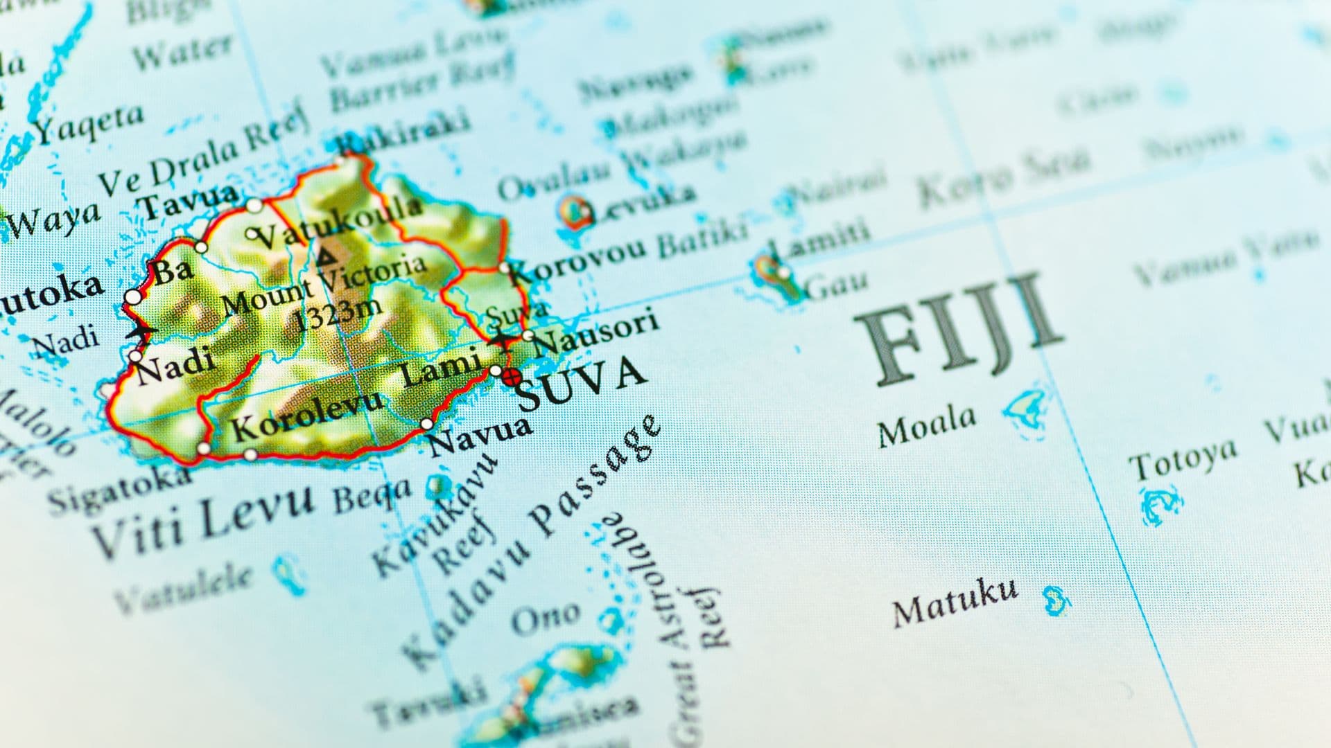 Close-up map of Fiji's islands, including Viti Levu and Suva
